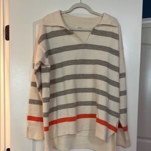 Cream and Gray V-Neck Sweater with Orange Accent